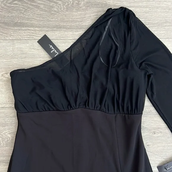 Lulus Stunning Essence One Shoulder Mermaid Maxi Dress Large Black Slit Mesh NWT - Picture 7 of 12